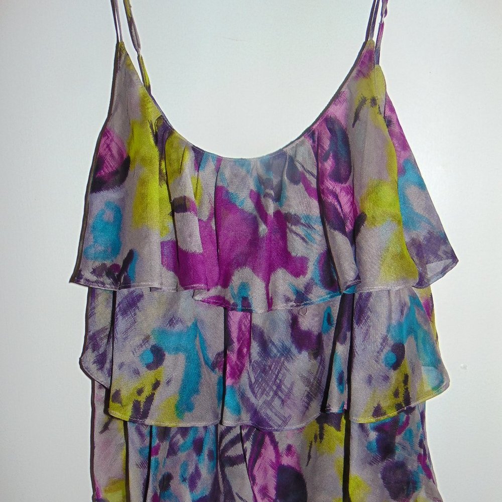 Plastic Island Women's Purple Yellow Blue Sleeveless Abstract Ruffled Blouse XS